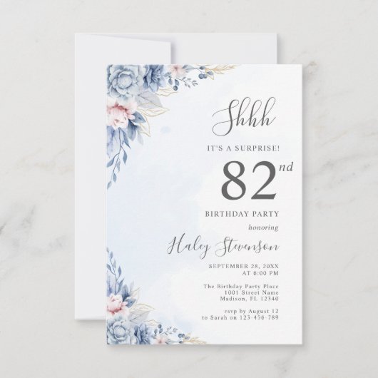 Invitation Aquarelle Dusty Blue Surprise 82e fête d'anniversa (Devant)