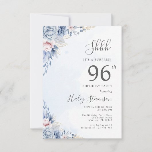 Invitation Aquarelle Dusty Blue Surprise 96e fête anniversair (Devant)