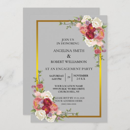 Invitation Aquarelle Dusty Gris Or Blush Mariage Inv (Devant / Derrière)