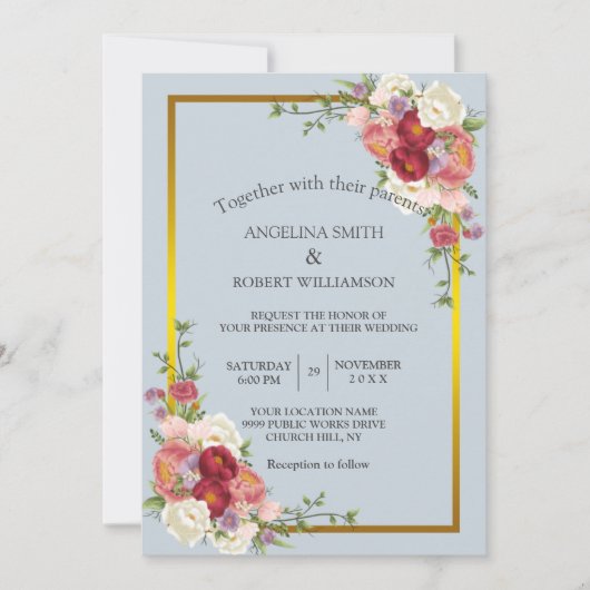Invitation Aquarelle Dusty Gris Or Blush Rose Peach Floral (Devant)