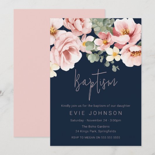 Invitation Aquarelle Dusty Rose Baptême Belle Marine Bleu (Devant / Derrière)