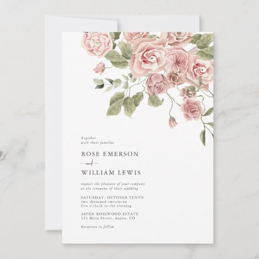 Invitation Aquarelle Dusty Rose rose Mariage (Devant)
