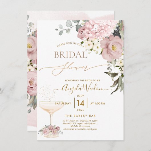 Invitation Aquarelle Dusty Roses Hydrangea Fête des mariées (Devant / Derrière)