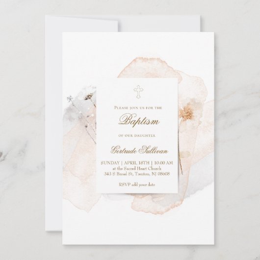 Invitation aquarelle éclaboussures et fleurs n4 | Baptême (Devant)