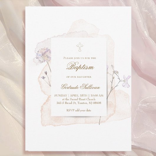 Invitation aquarelle éclaboussures et fleurs n9 | Baptême