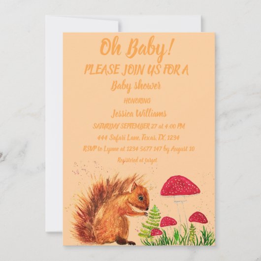 Invitation Aquarelle écureuil bébé fille garçon champignon ro (Devant)