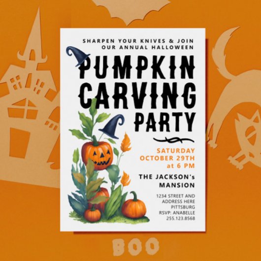 Invitation Aquarelle éffrayante Halloween Citrouille Carving 