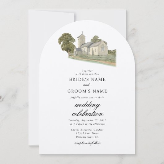 Invitation Aquarelle Eglise traditionnelle Monogramme Mariage (Devant)