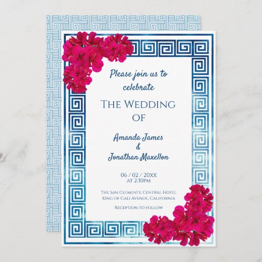 Invitation Aquarelle Elégance Grecienne + Mariage Fleur Rose (Devant / Derrière)