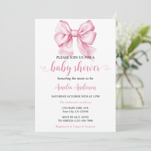 Invitation Aquarelle Elegant Bow Baby shower Coquette rose (Debout devant)