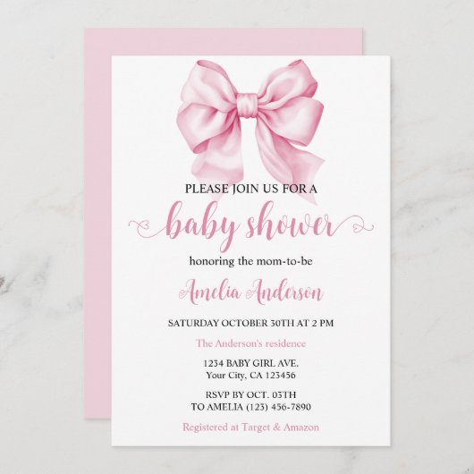 Invitation Aquarelle Elegant Bow Baby shower Coquette rose (Devant / Derrière)