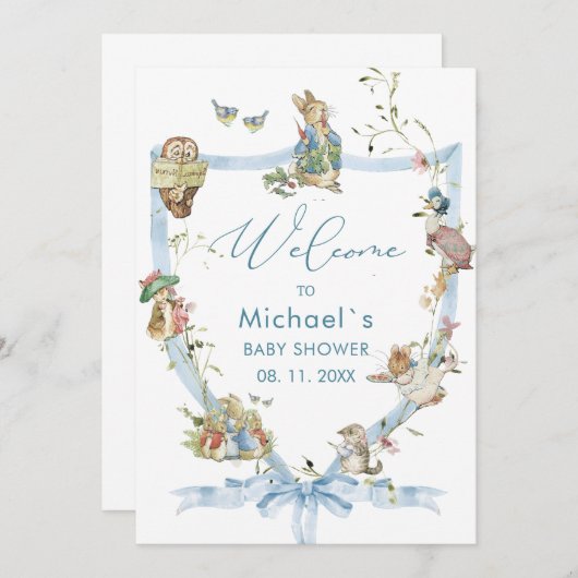 Invitation Aquarelle Elegant Fleur sauvage Peter Rabbit bébé  (Devant / Derrière)