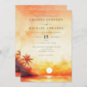 Invitation Aquarelle Elegant Orange Beach Sunset Mariage (Devant / Derrière)
