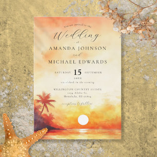 Invitation Aquarelle Elegant Orange Beach Sunset Mariage