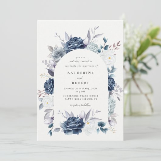 Invitation aquarelle élégante bleu foncé mariage (Debout devant)