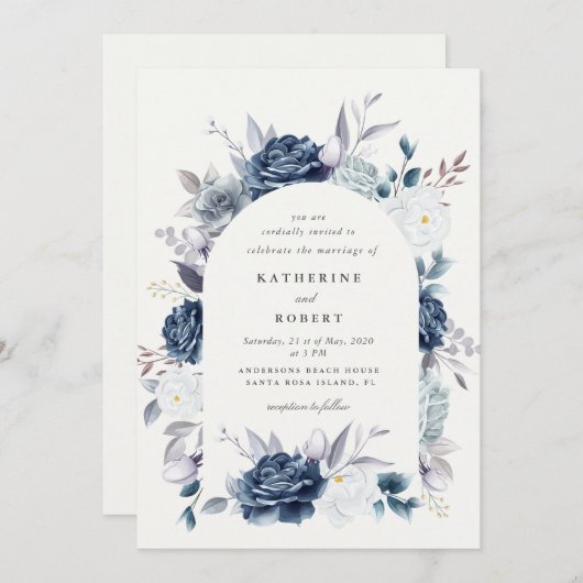 Invitation aquarelle élégante bleu foncé mariage (Devant / Derrière)