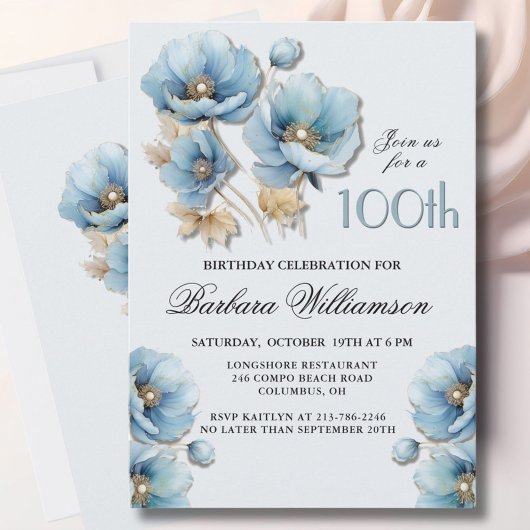 Invitation Aquarelle Elégante Blue Gold Floral 100e anniversa