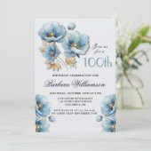 Invitation Aquarelle Elégante Blue Gold Floral 100e anniversa (Debout devant)