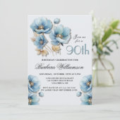 Invitation Aquarelle Elégante Blue Gold Floral 90e anniversai (Debout devant)