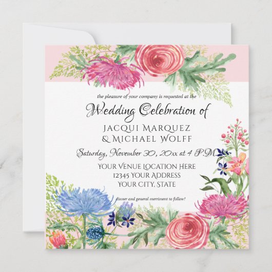 Invitation Aquarelle Elégante Blush Rose Floral n Fern Feuill (Devant)