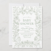 Invitation Aquarelle élégante chinoiserie florale verte Baby (Devant)