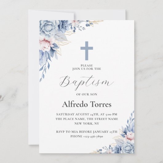 Invitation Aquarelle Elégante Dusty Blue Floral Baby Baptism (Devant)