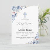 Invitation Aquarelle Elégante Dusty Blue Floral Baby Baptism (Debout devant)