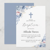 Invitation Aquarelle Elégante Dusty Blue Floral Baby Baptism (Devant / Derrière)