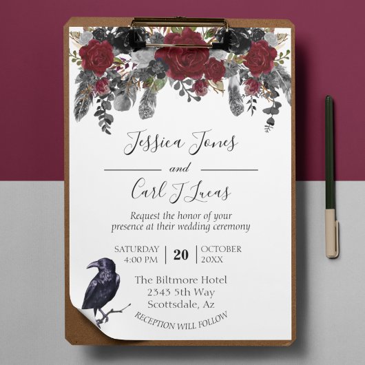 Invitation Aquarelle Elégante Halloween Floral Crow Feather I