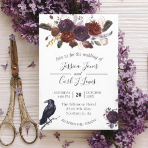 Invitation Aquarelle Elégante Halloween Floral Crow Plum Inv