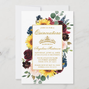 Invitation Aquarelle élégante Mélange Floral Quinceanera Or