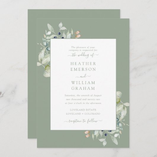 Invitation Aquarelle Élégante Sage Vert Mariage botanique (Devant / Derrière)