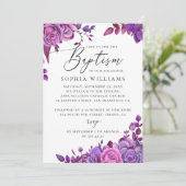 Invitation Aquarelle élégante violet rose floral baptême (Debout devant)