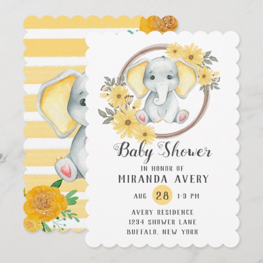 Invitation Aquarelle Elephant Avec Baby shower Oreilles Jaune (Devant / Derrière)