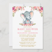 Invitation Aquarelle Eléphant Baby shower rose Floral Or (Devant)
