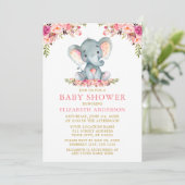 Invitation Aquarelle Eléphant Baby shower rose Floral Or (Debout devant)