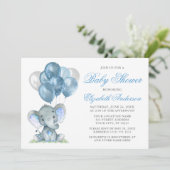 Invitation Aquarelle Eléphant Ballons Baby shower Bleu (Debout devant)