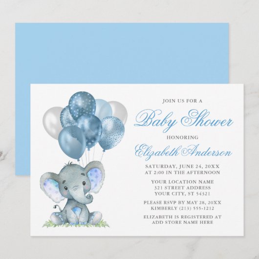 Invitation Aquarelle Eléphant Ballons Baby shower Bleu (Devant / Derrière)