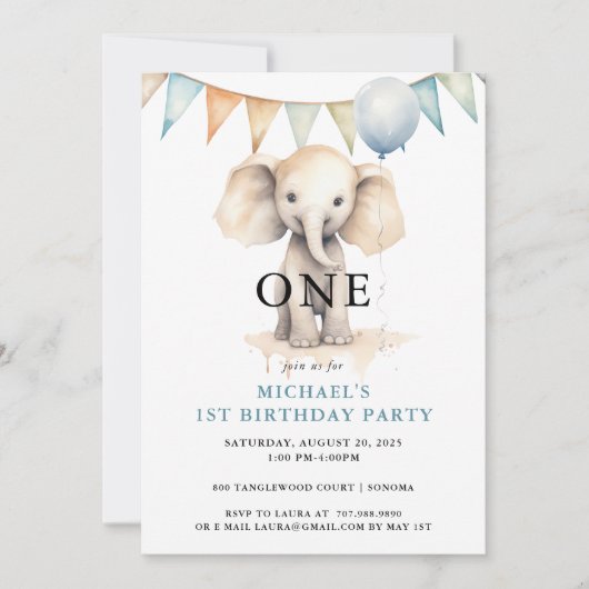 Invitation Aquarelle Elephant Bleu 1er anniversaire (Devant)