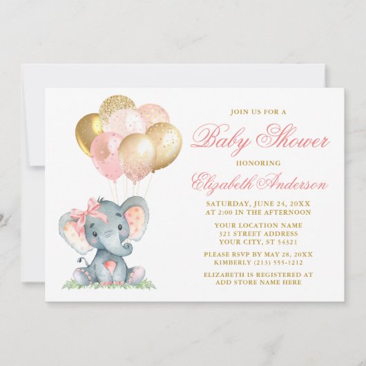 Invitation Aquarelle Eléphant Bow Ballons douche Or rose (Devant)
