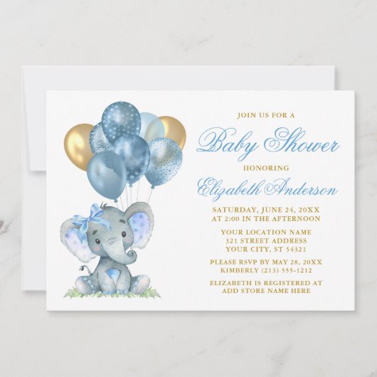 Invitation Aquarelle Eléphant Bow Balloons douche Bleu Or (Devant)