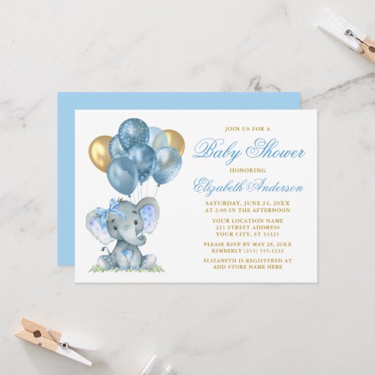Invitation Aquarelle Eléphant Bow Balloons douche Bleu Or (Devant/Arrière en situation)