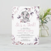 Invitation Aquarelle Eléphant Cute Baby shower fille (Debout devant)