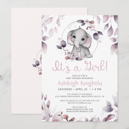 Invitation Aquarelle Eléphant Cute Baby shower fille (Devant / Derrière)