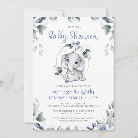 Invitation Aquarelle Eléphant Cute Baby shower vert (Devant)