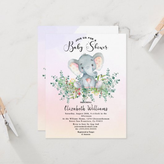 Invitation Aquarelle Eléphant Floral Eucalyptus Baby shower (Devant/Arrière en situation)
