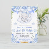 Invitation Aquarelle Eléphant mignon et Rose bleu Anniversair (Debout devant)