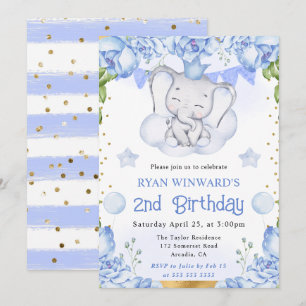 Invitation Aquarelle Éléphant Mignon et Roses Bleues Annivers