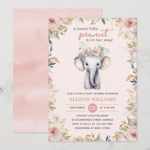 Invitation Aquarelle Eléphant mignonne Baby shower Floral Gir