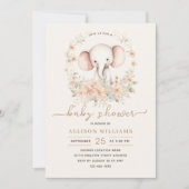 Invitation Aquarelle Eléphant mignonne Floral Baby Girl Douch (Devant)